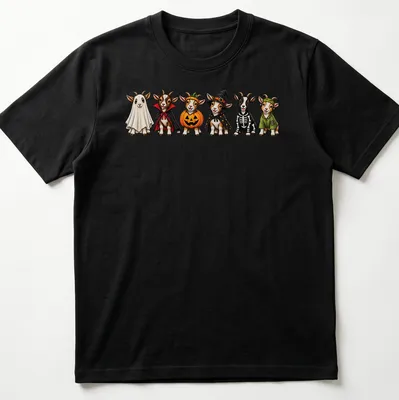 Cartoon goats in Halloween costumes including a witch and pumpkin