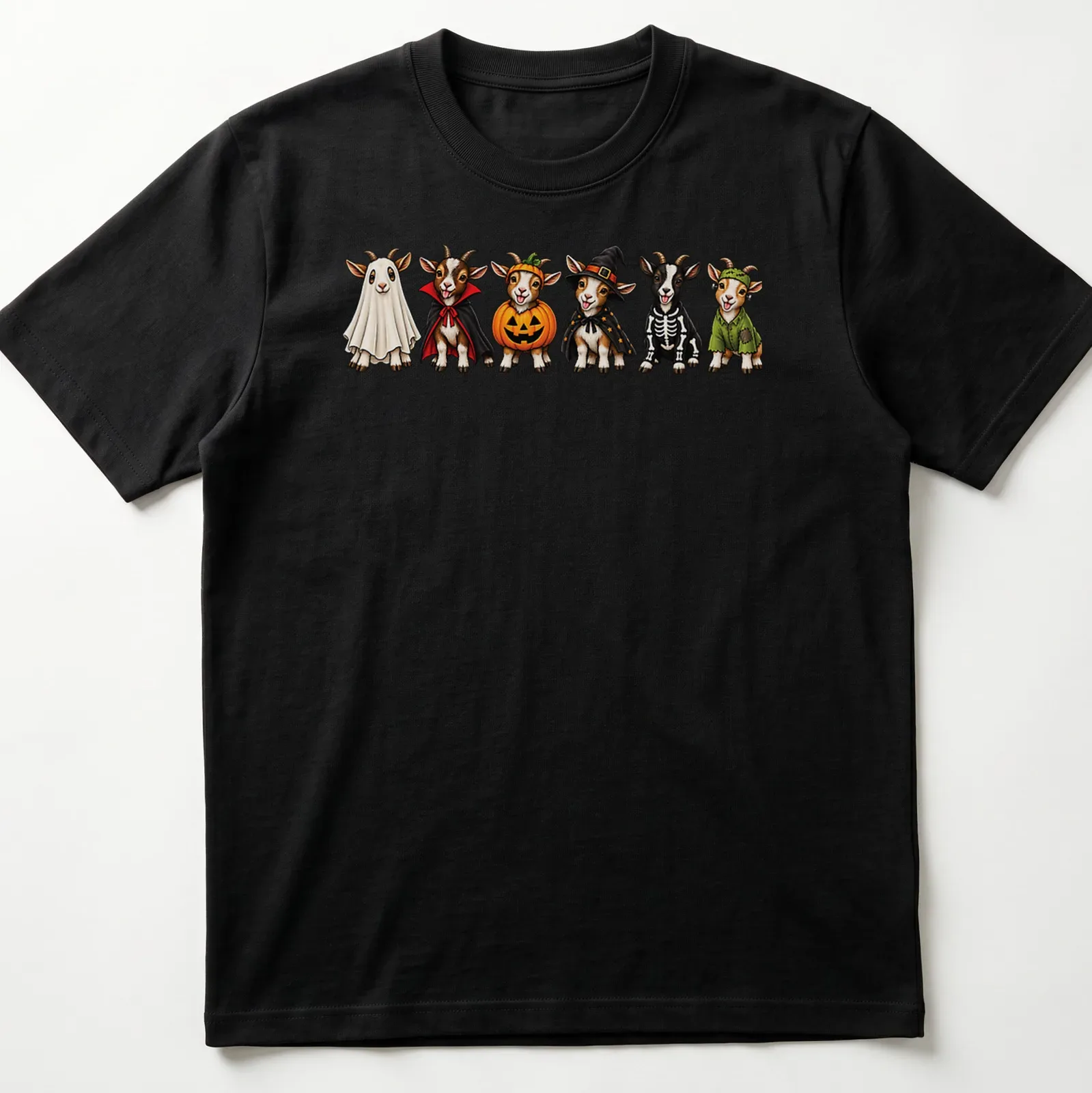 Cartoon goats in Halloween costumes including a witch and pumpkin — printed on a unisex t-shirt