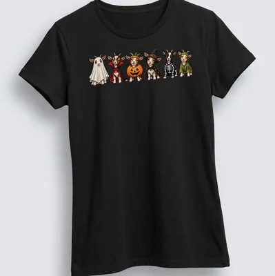Cartoon goats in Halloween costumes including a witch and pumpkin — printed on a women's shirt