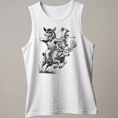 Vintage cartoon of a humorous character riding a mule deer with a bow — printed on a tank top