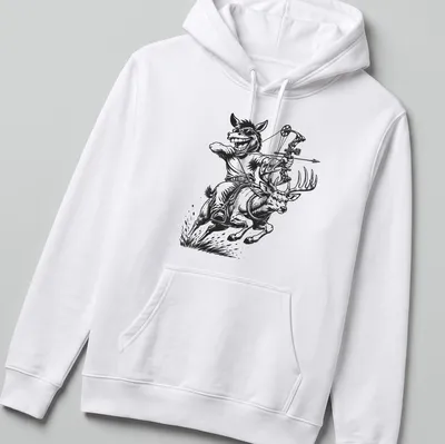 Vintage cartoon of a humorous character riding a mule deer with a bow — printed on a unisex hoodie