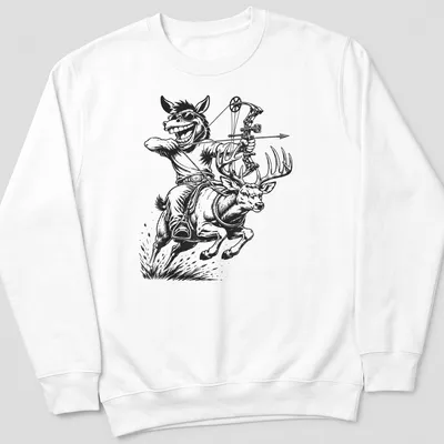 Vintage cartoon of a humorous character riding a mule deer with a bow — printed on a unisex sweatshirt