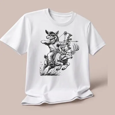 Vintage cartoon of a humorous character riding a mule deer with a bow — printed on a unisex t-shirt (angled view)