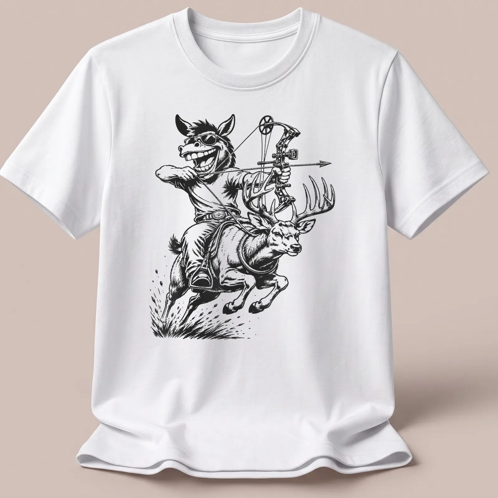Vintage cartoon of a humorous character riding a mule deer with a bow — printed on a unisex t-shirt