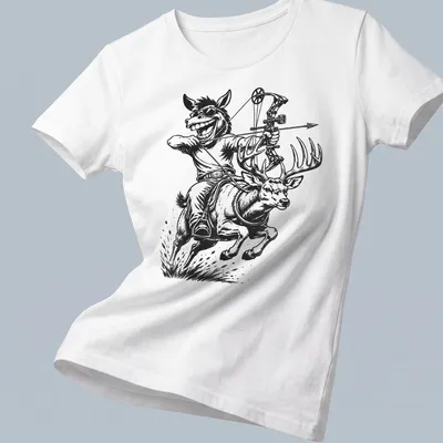 Vintage cartoon of a humorous character riding a mule deer with a bow — printed on a women's shirt