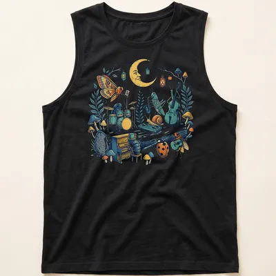 Illustration of a colorful insect jazz band performing in the woods — printed on a tank top