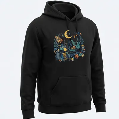 Illustration of a colorful insect jazz band performing in the woods — printed on a unisex hoodie