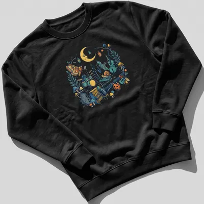 Illustration of a colorful insect jazz band performing in the woods — printed on a unisex sweatshirt