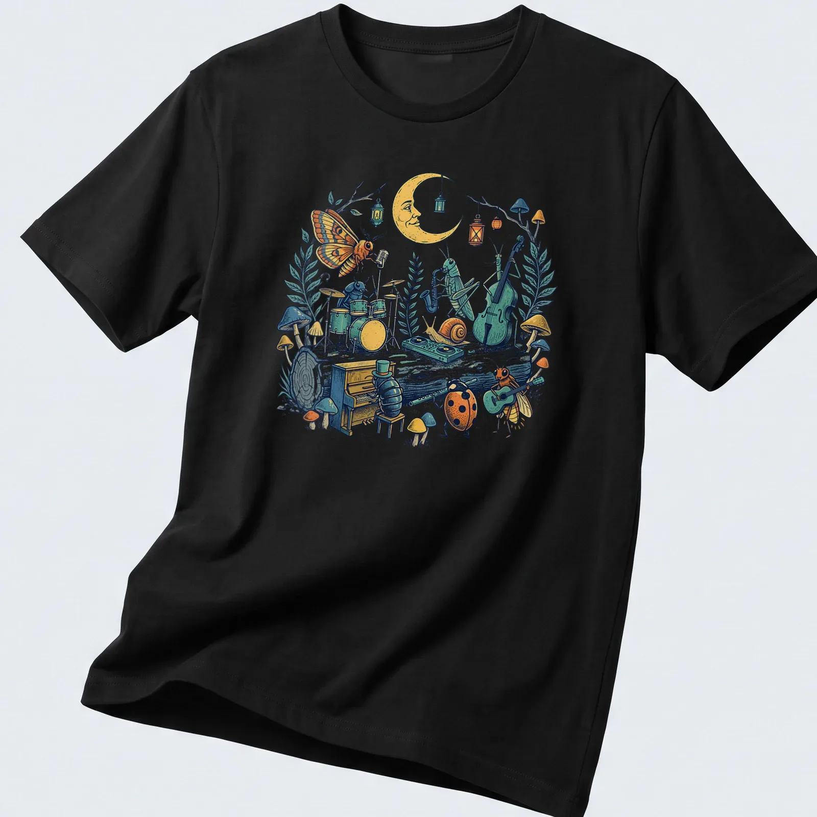Illustration of a colorful insect jazz band performing in the woods — printed on a unisex t-shirt