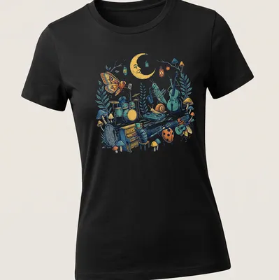 Illustration of a colorful insect jazz band performing in the woods — printed on a women's shirt