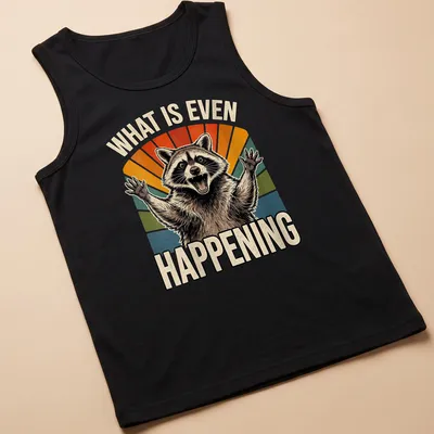 Cartoon raccoon with puzzled expression next to vintage text, 'WHAT IS EVEN HAPPENING'. — printed on a tank top
