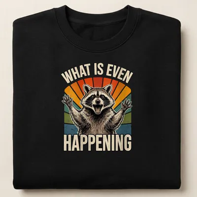 Cartoon raccoon with puzzled expression next to vintage text, 'WHAT IS EVEN HAPPENING'. — printed on a unisex sweatshirt