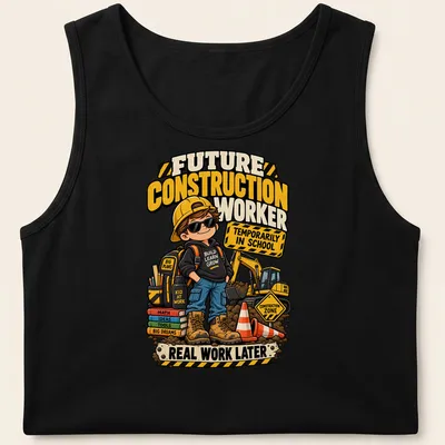 Cartoon design of a kid construction worker with colorful text about being in school — printed on a tank top