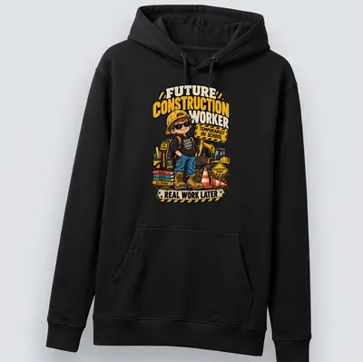 Cartoon design of a kid construction worker with colorful text about being in school — printed on a unisex hoodie