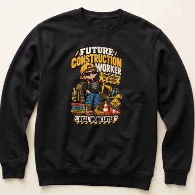 Cartoon design of a kid construction worker with colorful text about being in school — printed on a unisex sweatshirt