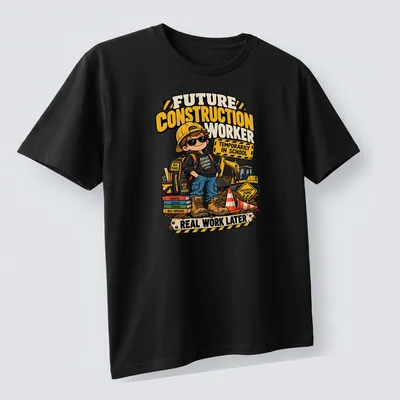 Cartoon design of a kid construction worker with colorful text about being in school — printed on a unisex t-shirt (angled view)