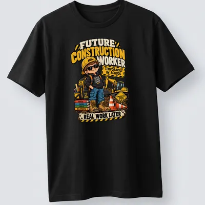 Cartoon design of a kid construction worker with colorful text about being in school
