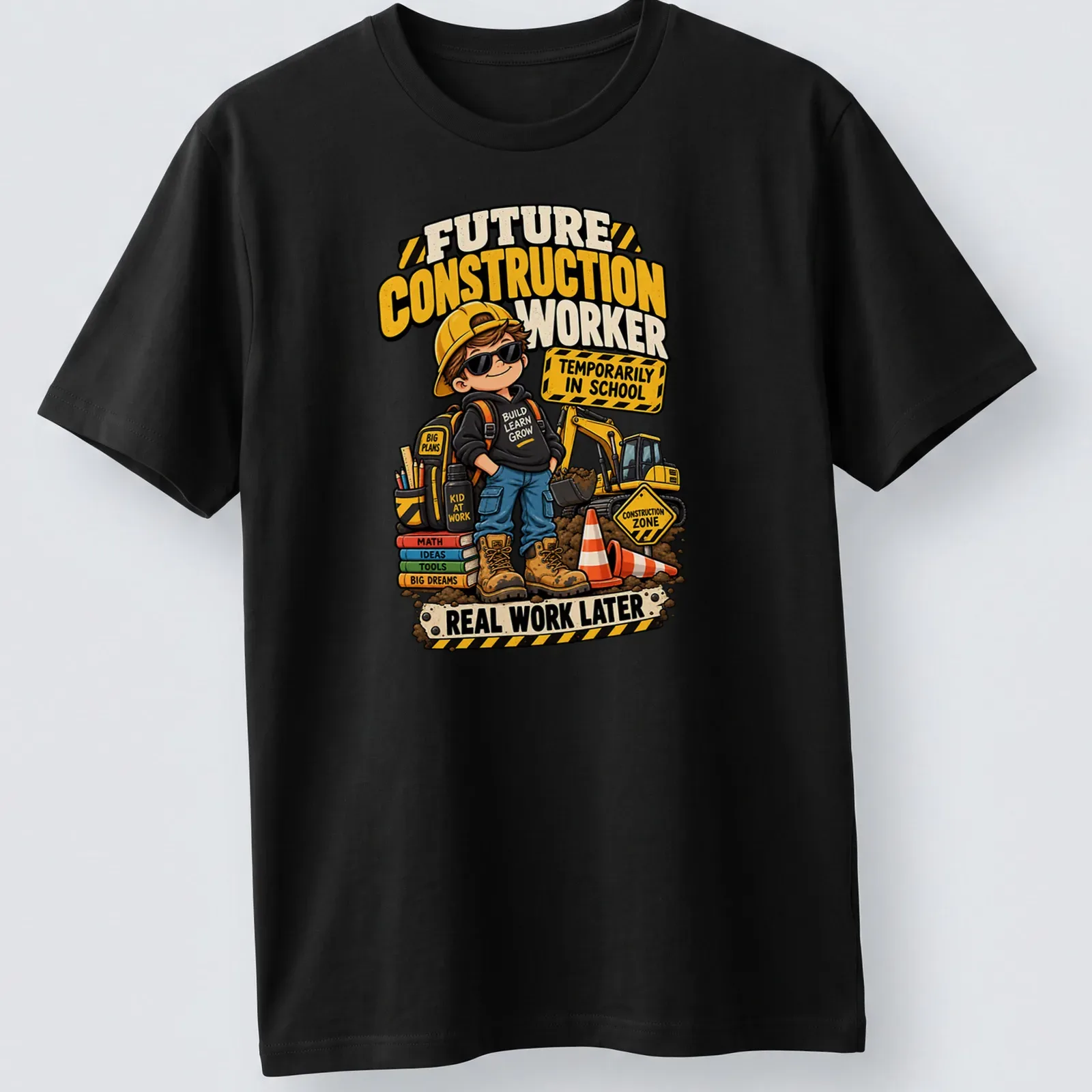 Cartoon design of a kid construction worker with colorful text about being in school — printed on a unisex t-shirt