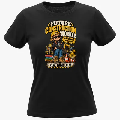Cartoon design of a kid construction worker with colorful text about being in school — printed on a women's shirt