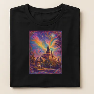 Psychedelic shirt showcasing Gallaudet University in vibrant colors — printed on a women's shirt