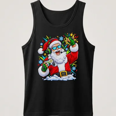 Gamer Christmas t-shirt with bold typography celebrating video game culture — printed on a tank top