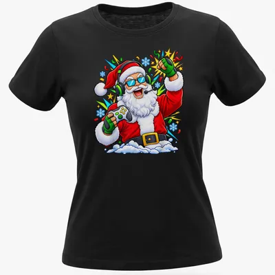 Gamer Christmas t-shirt with bold typography celebrating video game culture — printed on a women's shirt