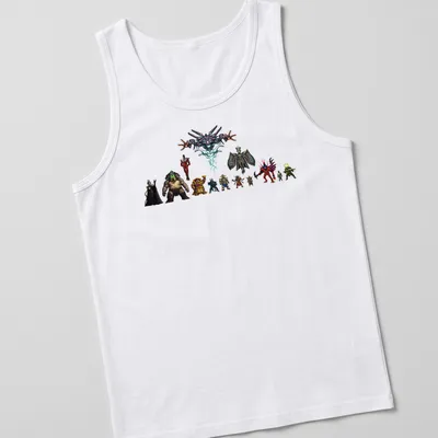 Detailed illustration of various fantasy characters with the text 'Gang's All Here' in vibrant colors. — printed on a tank top