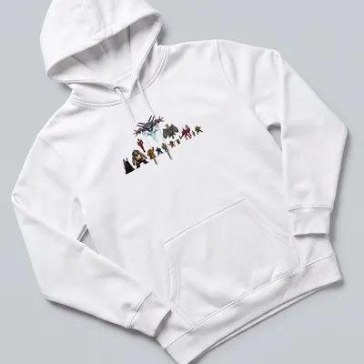 Detailed illustration of various fantasy characters with the text 'Gang's All Here' in vibrant colors. — printed on a unisex hoodie