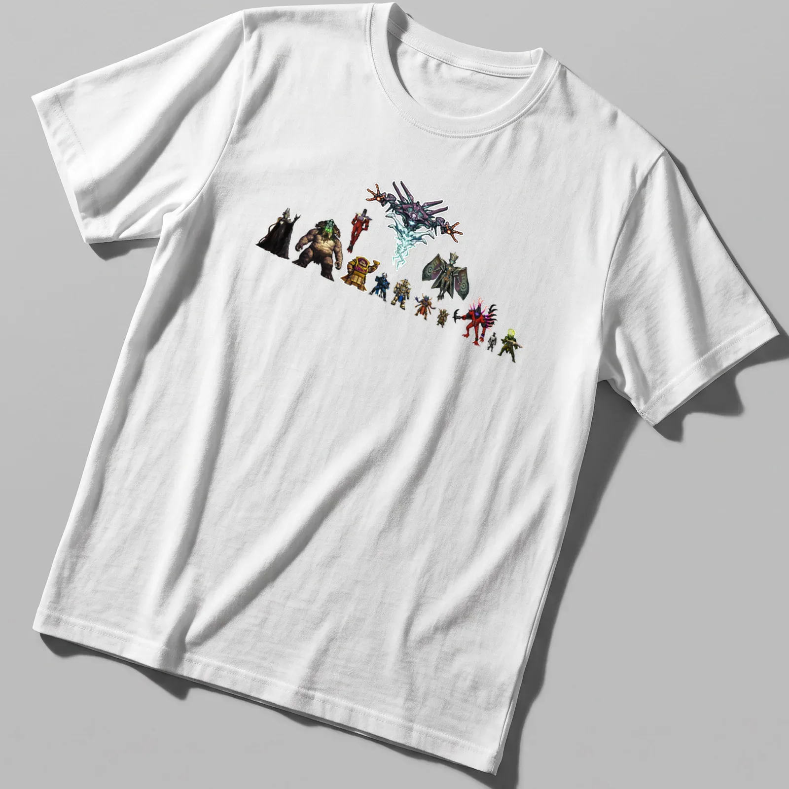 Detailed illustration of various fantasy characters with the text 'Gang's All Here' in vibrant colors. — printed on a unisex t-shirt