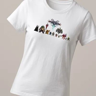Detailed illustration of various fantasy characters with the text 'Gang's All Here' in vibrant colors. — printed on a women's shirt