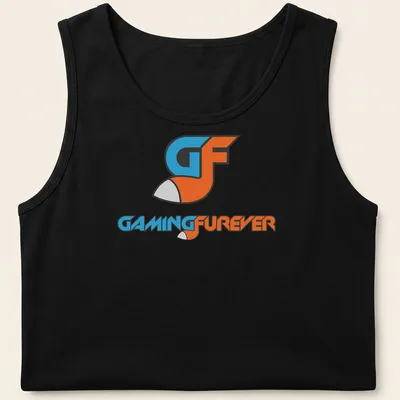 Modern GF Gaming Forever t-shirt with blue, orange, and white logo lettering — printed on a tank top