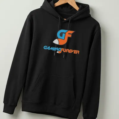 Modern GF Gaming Forever t-shirt with blue, orange, and white logo lettering — printed on a unisex hoodie