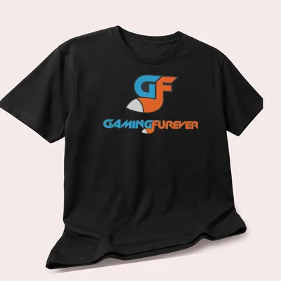 Modern GF Gaming Forever t-shirt with blue, orange, and white logo lettering — printed on a unisex t-shirt (angled view)