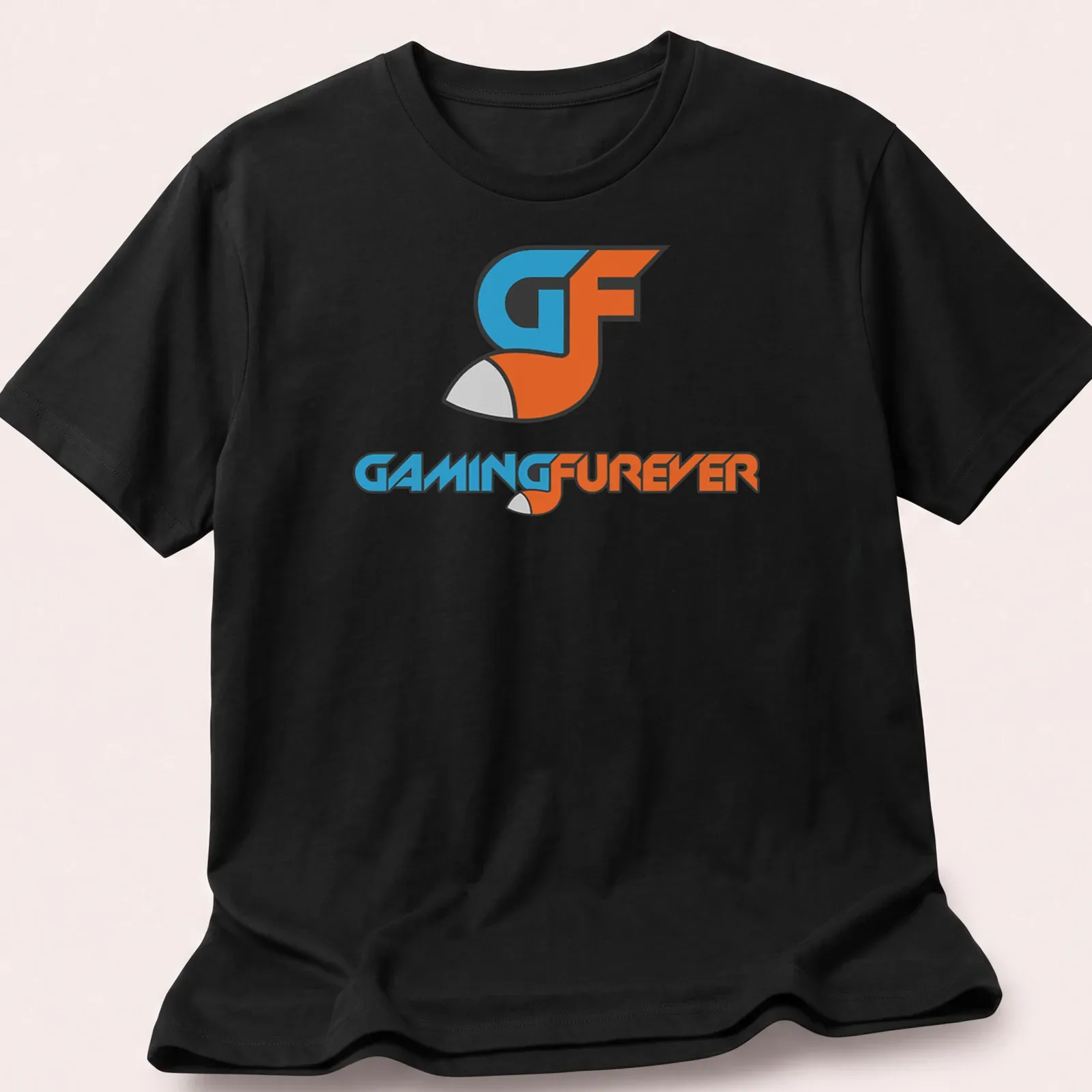 Modern GF Gaming Forever t-shirt with blue, orange, and white logo lettering — printed on a unisex t-shirt