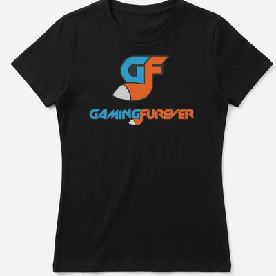 Modern GF Gaming Forever t-shirt with blue, orange, and white logo lettering — printed on a women's shirt