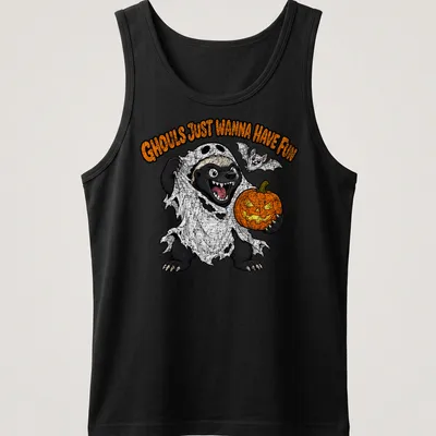 Cartoon honey badger in ghost costume with text Ghouls Just Wanna Have Fun — printed on a tank top