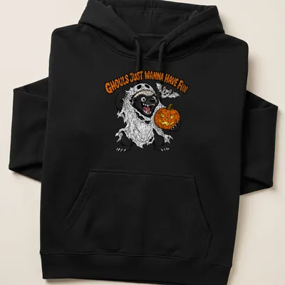 Cartoon honey badger in ghost costume with text Ghouls Just Wanna Have Fun — printed on a unisex hoodie
