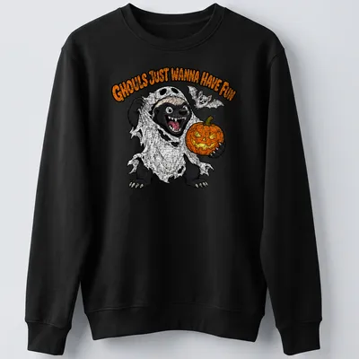 Cartoon honey badger in ghost costume with text Ghouls Just Wanna Have Fun — printed on a unisex sweatshirt