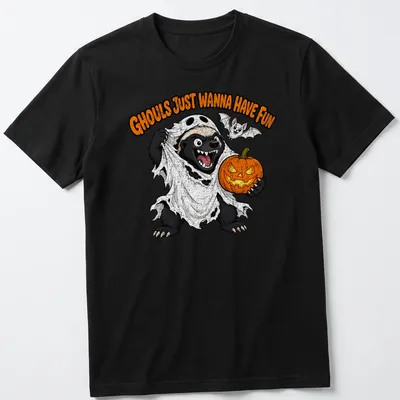 Cartoon honey badger in ghost costume with text Ghouls Just Wanna Have Fun