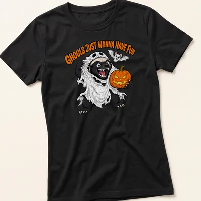 Cartoon honey badger in ghost costume with text Ghouls Just Wanna Have Fun — printed on a women's shirt