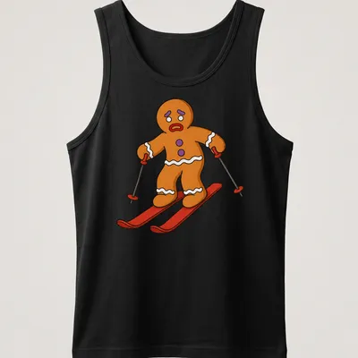 Cartoon gingerbread man skiing with red scarf against colorful background — printed on a tank top