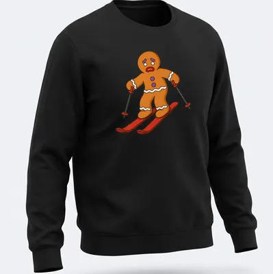 Cartoon gingerbread man skiing with red scarf against colorful background — printed on a unisex sweatshirt