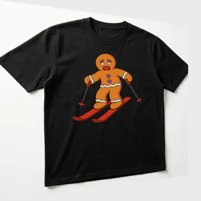 Cartoon gingerbread man skiing with red scarf against colorful background — printed on a unisex t-shirt (angled view)
