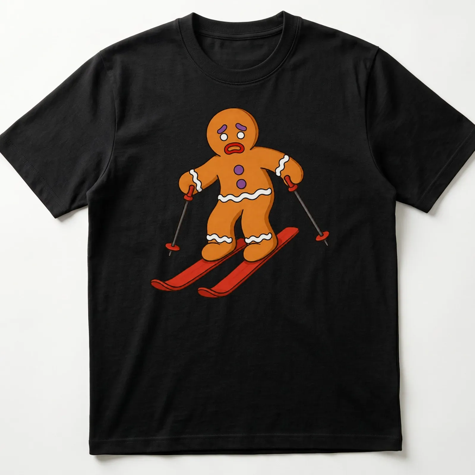 Cartoon gingerbread man skiing with red scarf against colorful background — printed on a unisex t-shirt