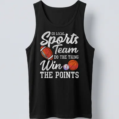 Retro distressed sports team graphic featuring a football, basketball, and baseball. — printed on a tank top