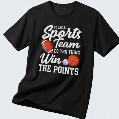 Retro distressed sports team graphic featuring a football, basketball, and baseball.