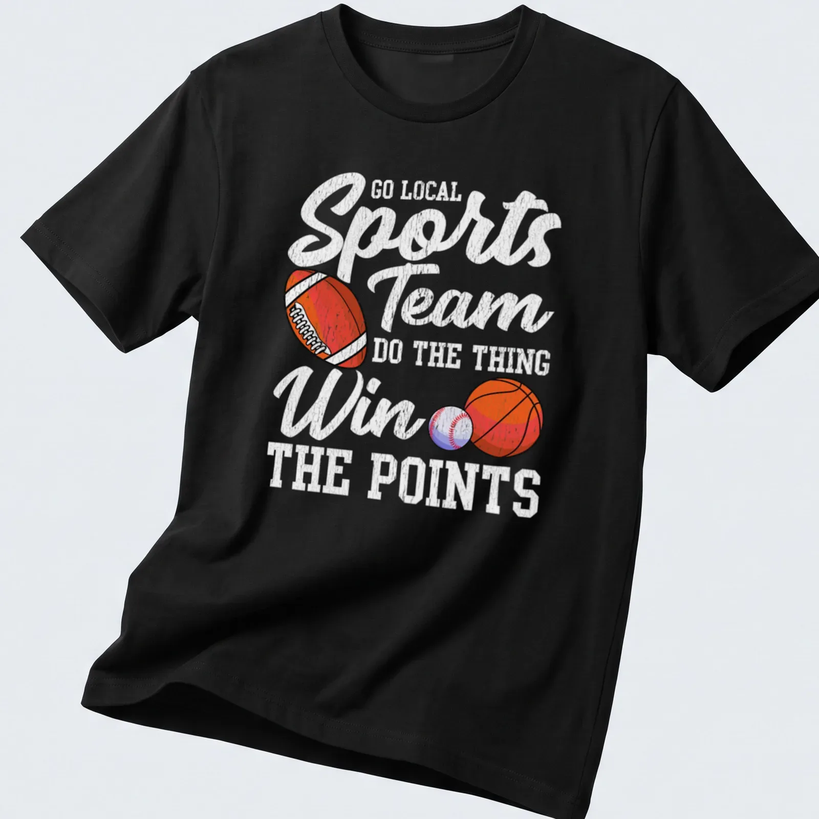 Retro distressed sports team graphic featuring a football, basketball, and baseball. — printed on a unisex t-shirt
