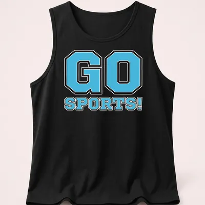 Bold graphic of 'GO SPORTS!' in light blue and black for team spirit — printed on a tank top