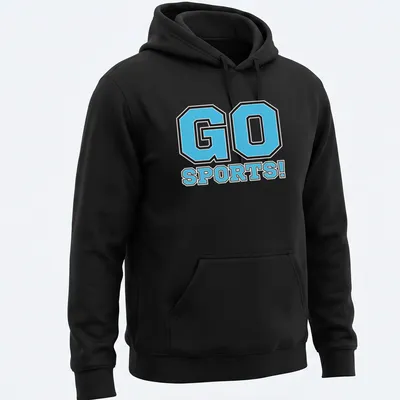 Bold graphic of 'GO SPORTS!' in light blue and black for team spirit — printed on a unisex hoodie