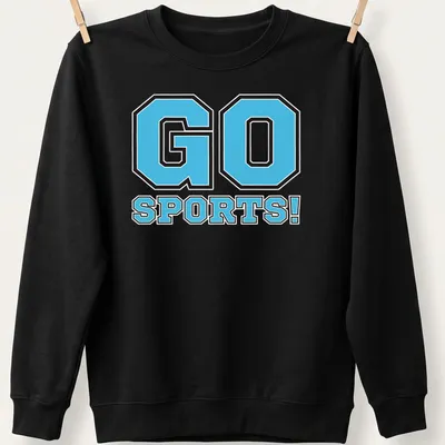 Bold graphic of 'GO SPORTS!' in light blue and black for team spirit — printed on a unisex sweatshirt